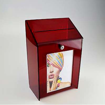 Wall Mounted Clear Red Acrylic Donation Box with Hinge and  Lock Wholesale